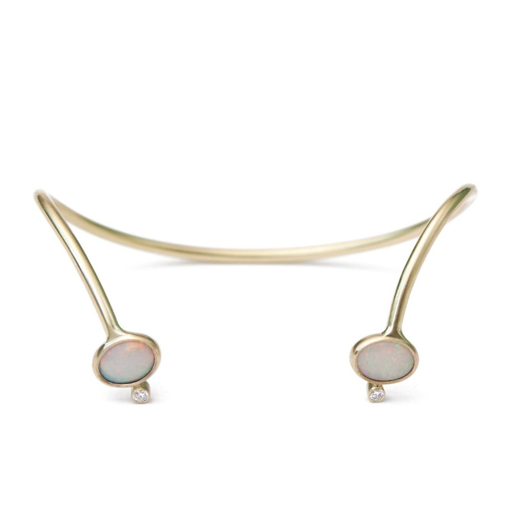 Opal diamond gold cuff open bracelet 18k yellow gold