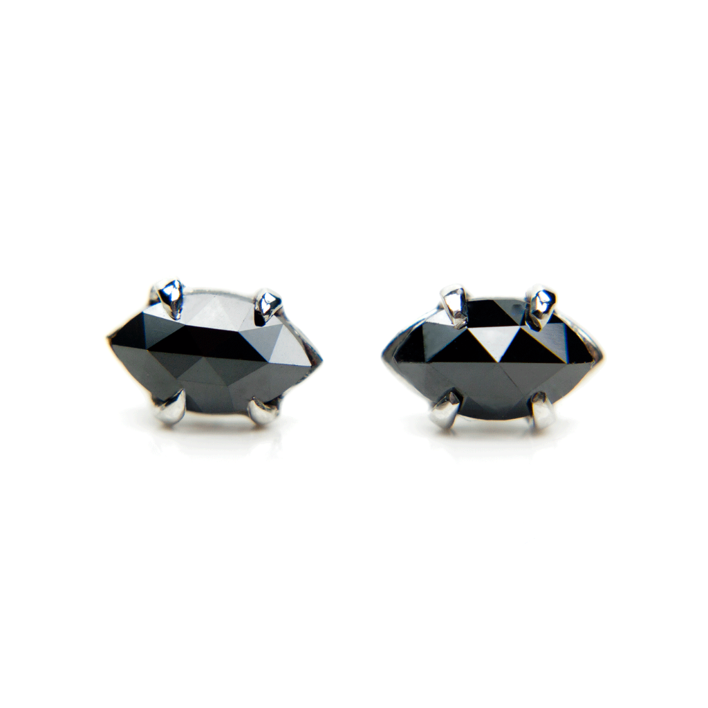 Black diamond stud earrings in 14k white gold hand crafted settings