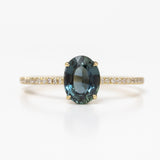Teal Blue Green Oval Sapphire With Claw Prongs And French Pave Diamond Engagement Ring 
