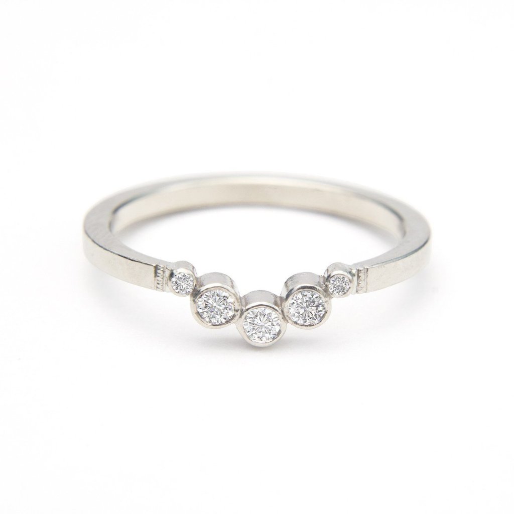 White gold huggie band hugger wedding ring with white diamonds